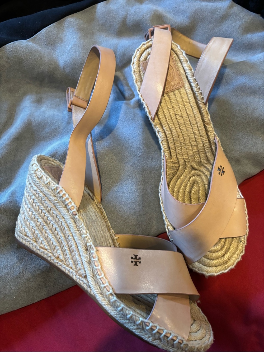 Tory Burch Blush Leather Espadrille Wedge Sandals